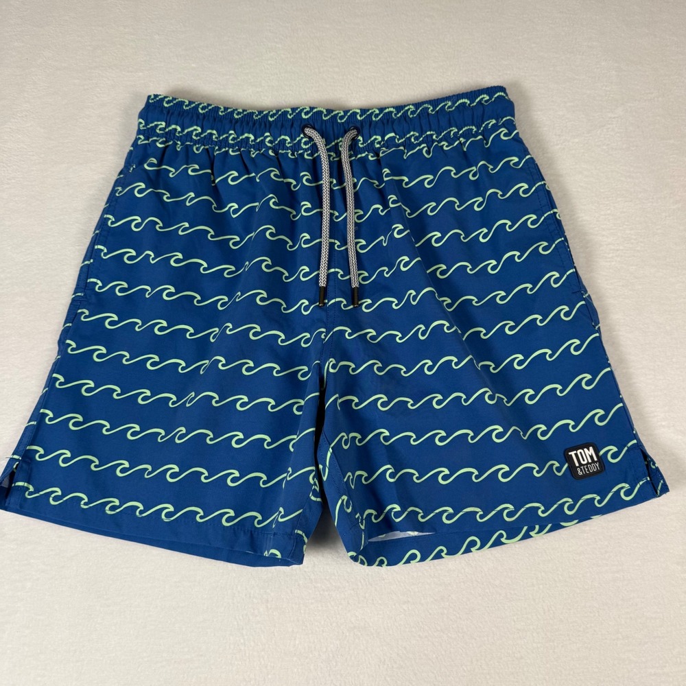 Tom & Teddy Wave Print‎ Swim Trunks Mens Small Blue Green Coastal Board Shorts